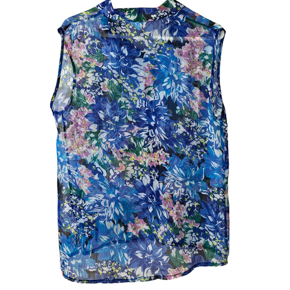 Top Lapis sheer floral blue green yellow print sleeveless button up blouse Large - Picture 2 of 8